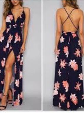 Hello Molly Navy Maxi Dress with Pink Floral Print & Open Back